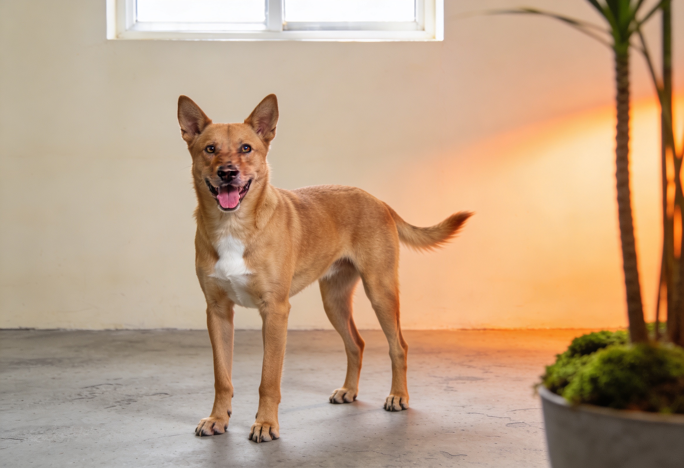 Aynı bej köpek artık kendinden emin duruyor ve mutlu görünüyor